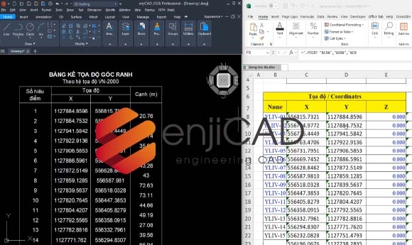 enjiCAD 2026- Hướng dẫn Xuất tọa độ và lập bảng thống kê tọa độ góc ranh theo hệ VN-2000